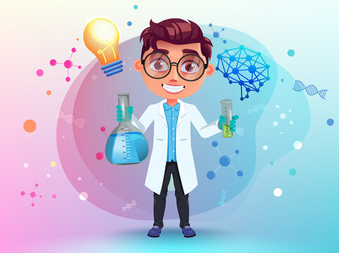 Student scientist  vector character. Boy character with beaker and science logo icons in lab coat and eyeglasses for smart kid laboratory experiment. Vector illustration.
