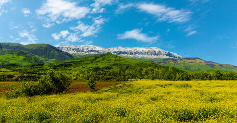 Wide angle view of Shahdag mount covered with snow