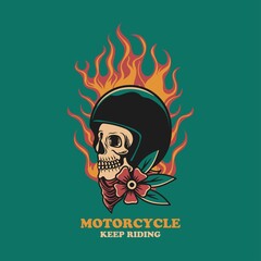Biker skull helmet with fire vector vintage illustration