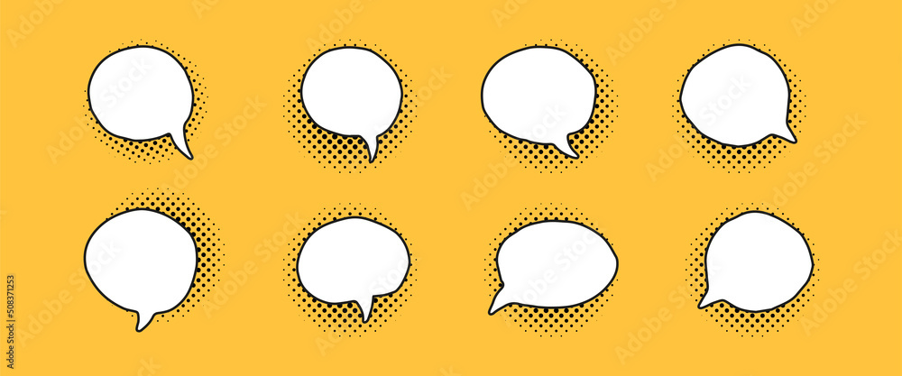 Poster retro comics speech bubble set. blank empty chatting boxes with halftone shadow