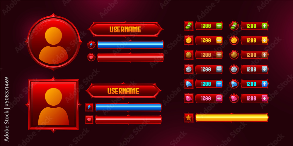Poster game user profile elements with avatar, progress bars and icons in round and square red frames. vect