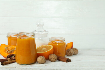 Concept of tasty food, pumpkin jam, space for text