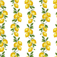 Tropical seamless pattern with yellow lemons. Fruit repeated background. Vector bright print for fabric or wallpaper.
