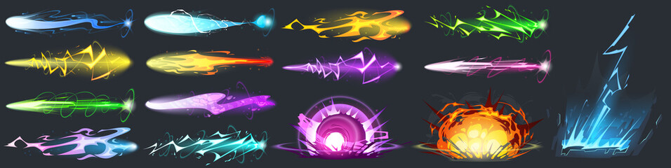 Vfx gun effect, space blasters laser or plasmic beams and rays, bomb explosion. Raygun futuristic alien weapon boom. Game or comic book colorful energy phasers lightnings, Cartoon vector illustration - obrazy, fototapety, plakaty