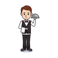 cartoon guy . Friendly handsome man in waiters uniform, holding a food and towel