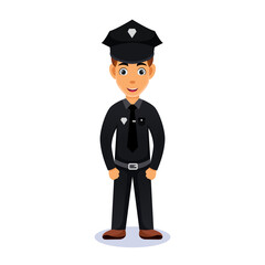 cartoon guy with in various poses. Friendly handsome man in police uniform