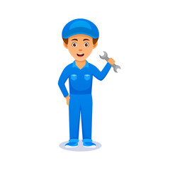 cartoon man with hat . Friendly handsome man in mechanic uniform, holding wrench or gesturing. Isolated on white.