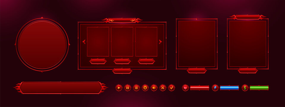 Game menu interface ui elements, buttons, progress bars, settings, login and password board. Gui user panel with sliders, keys, red glowing design with devil horns and hell fire flames Vector graphics