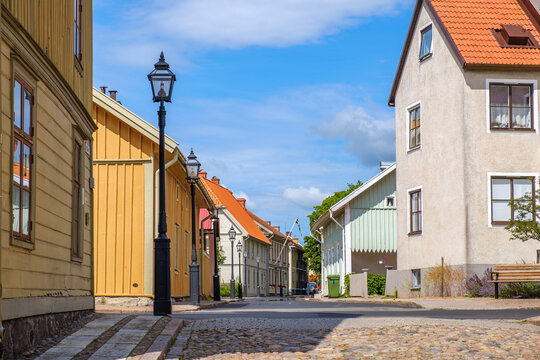 Idyllic old town with wooden houses and cobblestone street