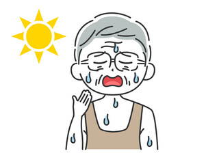 汗をかいている、脱水症の年配男性のイラスト