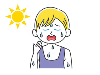 汗をかいている、脱水症の白人男性のイラスト