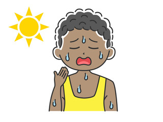 汗をかいている、脱水症の黒人男性のイラスト