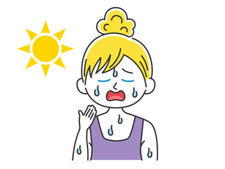 汗をかいている、脱水症の白人女性のイラスト