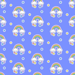 Rainbows, clouds and stars. Vector seamless pattern with cute cartoon elements. Best for textile, wallpapers and  nursery decoration.