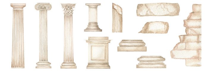 Watercolor antique column corinthian ionic doric order, Ancient Classic Greek pillar set, Roman Columns, Architecture facade elements Realistic drawing illustration isolated on white background - obrazy, fototapety, plakaty