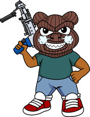 Bear character vector wearing a ski mask made of yarn and holding a tufting gun