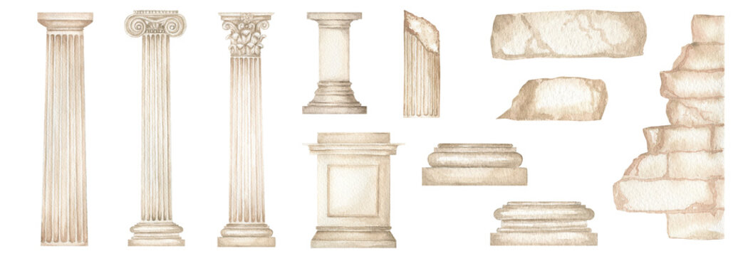 Watercolor antique column corinthian ionic doric order, Ancient Classic Greek pillar set, Roman Columns, Architecture facade elements Realistic drawing illustration isolated on white background