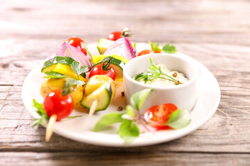 vegetable barbecue skewer and sauce