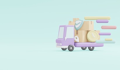 3D Rendering icons of delivery business concept of worldwide shipping fast and secured with copy space on background. 3D Render illustration cartoon style.