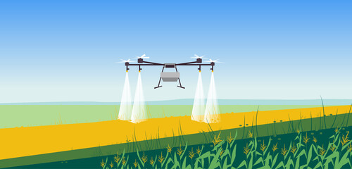 Vector illustration of smart farming tech with irrigation drone. Innovation technology for agricultural company. Automatic sprinkler copter. Editable vector illustration