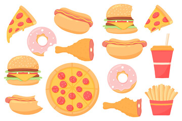 Fast food set. Collection of street food. Pizza, burger, hot dog, french fries, donut, drink.Vector set. Clip art Fast food meal.