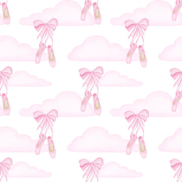 Girl pink dance pointes and clouds background. Ballet shoes girl seamless pattern.
