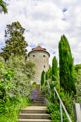 Überlingen, Gallerturm, Wehrturm, Turm, Stadtbefestigung, Aussichtspunkt, Panorama, Garten, Altstadt, Treppen, Bodensee, Uhlandshöhe, Sommer, Baden-Württemberg, Deutschland