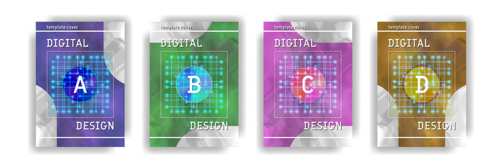 Set of vector digital futuristic cover designs. Abstract flyers. Round pattern of numbers on a cloudy smoky background