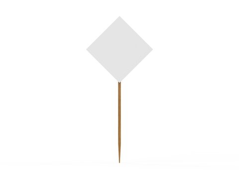 Blank decorative topper flag for branding and promotion, wooden stick flag mockup on isolated white background, 3d render illustration