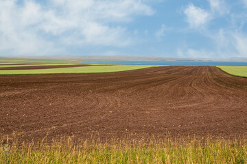 View of a plowed field prepared for planting crops. Plowed land with rows of furrows.