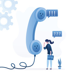Hotline, woman client talking with support service. Big vintage telephone with speech bubbles. Feedback, talk with client service. Female customer need help.