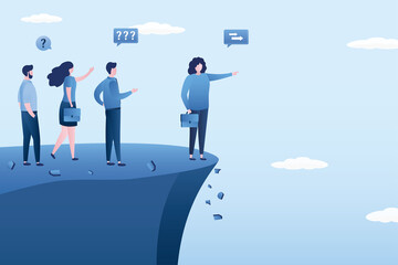 Fototapeta premium Wrong decision making, concept. Stupid or crazy boss manager pointing order employees to jump off cliff. Incompetent woman leader. Mistake lead company and employees to sabotage, bad problem.