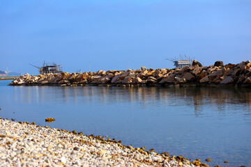 Coast of the Trabocchi, Trabocco in Marina di San Vito Chietino. The Trabocco is a traditional wooden fishing house on pilework, typical of Adriatic sea, coast of Abruzzo, Italy