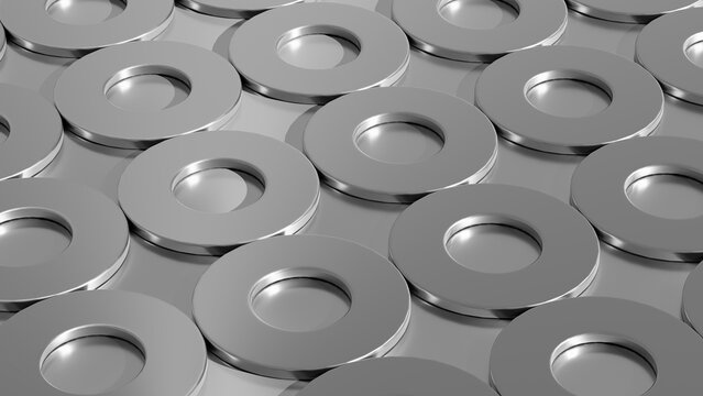 Hardware concept. Manyf washers or metal spacers. Shiny metal washers on a metal surface. Abstract industrial minimalistic background. 3d illustration