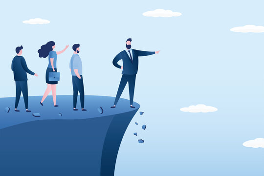Wrong decision making, concept. Stupid or crazy boss manager pointing order employees to jump off cliff. Incompetent leader. Mistake lead company and employees to sabotage, bad problem