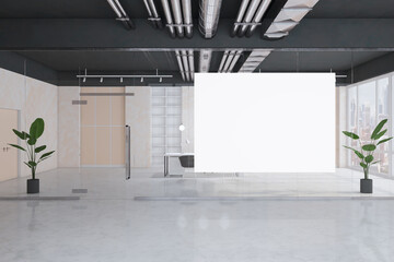 Modern office glass interior with empty white mock up poster, furniture, black ceiling, and window with city view. Workplace and nobody concept. 3D Rendering.