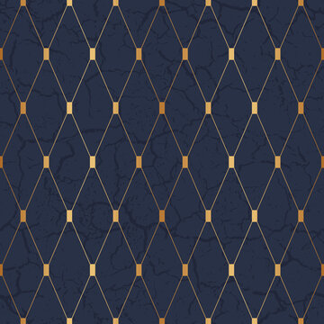 Geometric seamless pattern. Repeated luxury gold background. Blue geometry patern. Abstract marble effect. Printed paper. Repeating texture for design prints. Repeat printing. Vector illustration