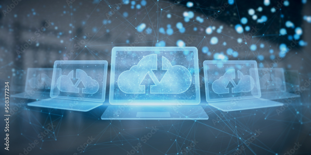 Poster Abstract polygonal digital laptop with cloud computing hologram on blurry interior wallpaper. Database and information concept. 3D Rendering.