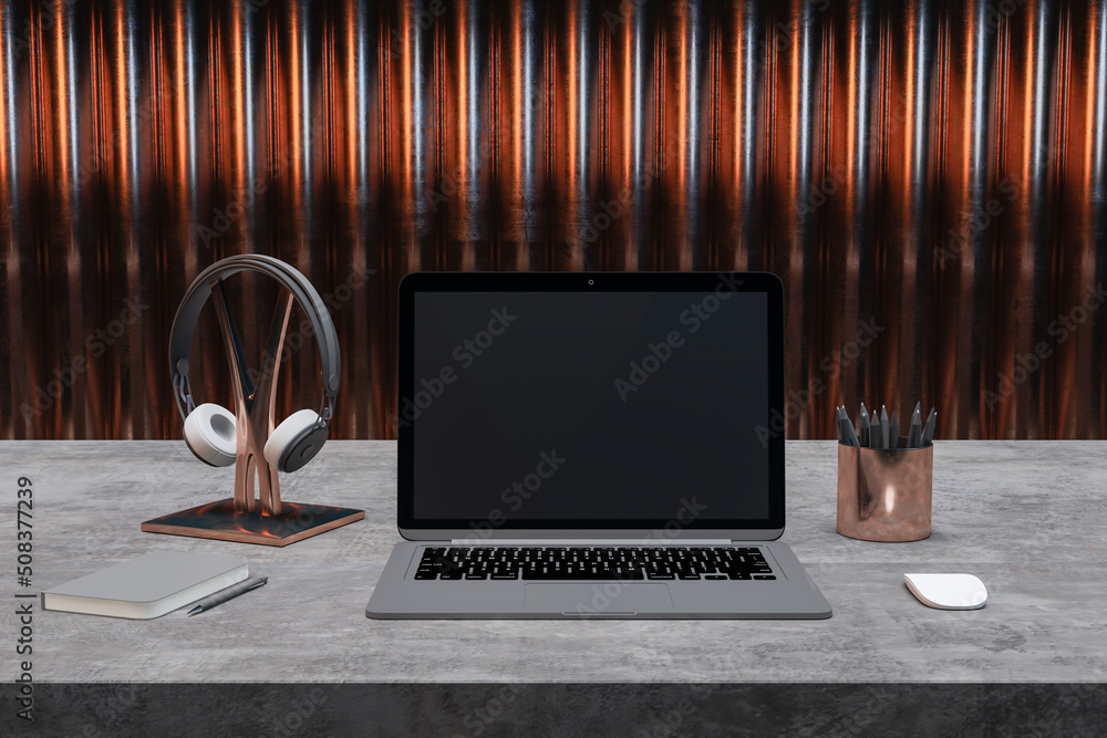 Poster Close up of designer desktop with empty black laptop screen with headset, pencils and other items. Metal bars background. Mock up, 3D Rendering.