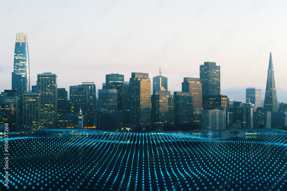 Poster abstract city background with mock up place in sky and wireframe waterfront. technology, smart city 