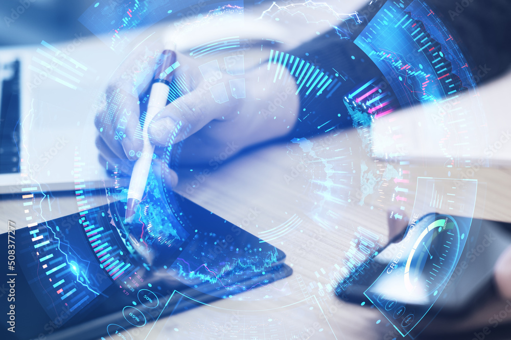 Poster close up of businessman hands using digital tablet with creative round digital business chart interf