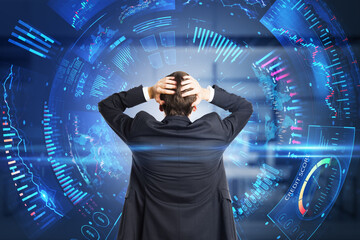 Back view of stressed businessman looking at creative round digital business chart interface on blurry office interior background. Stock, finance, trade and technology concept. Double exposure.