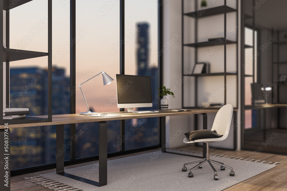 Poster contemporary office interior with book shelves, furniture, panoramic city view at dawn and empty moc