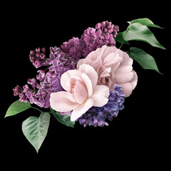 Lilac and roses isolated on black background. Floral arrangement, bouquet of garden flowers. Can be used for invitations, greeting, wedding card.