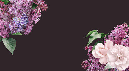 Floral banner, header with copy space. Lilac and roses isolated on dark  background. Natural flowers wallpaper or greeting card.