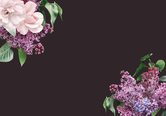 Floral banner, header with copy space. Lilac and roses isolated on dark background. Natural flowers wallpaper or greeting card.