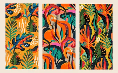 Fotobehang Set van drie vector naadloze patronen in moderne abstracte stijl met natuurmotieven, bloemen, bladeren en textuur © natality