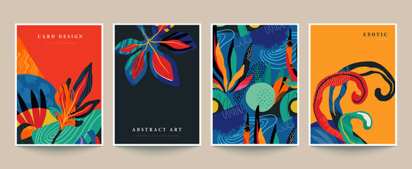 Fototapeta Set of four vector pre-made cards or posters in modern abstract style with nature motifs, flowers, leaves and hand drawn texture. obraz