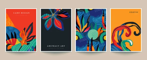 Fotobehang Set of four vector pre-made cards or posters in modern abstract style with nature motifs, flowers, leaves and hand drawn texture. © natality