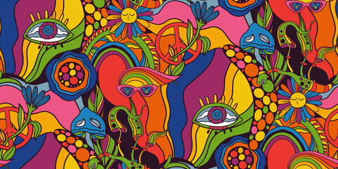Obraz premium Vector retro colorful psychedelic seamless pattern in 1970s style